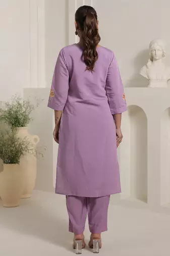 Lavender embroidered silk blend kurta trouser dupatta set