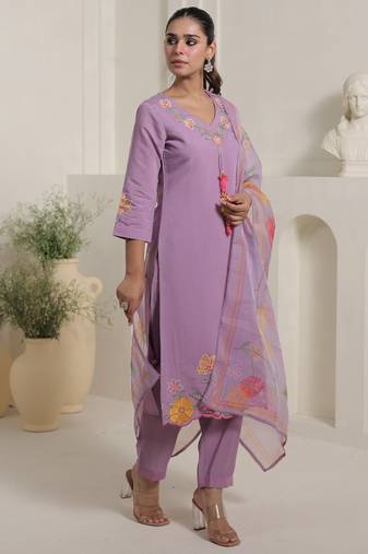 Lavender embroidered silk blend kurta trouser dupatta set