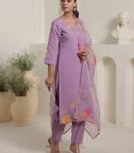 Lavender embroidered silk blend kurta trouser dupatta set