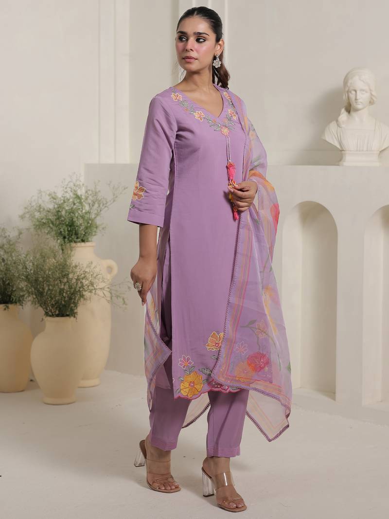 Lavender embroidered silk blend kurta trouser dupatta set