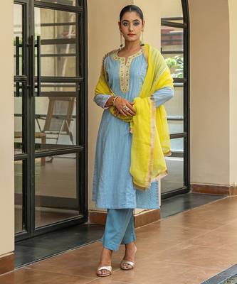 Dusty blue a line embroidered kurta with pant and dupatta 1