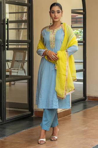 Dusty blue a line embroidered kurta with pant and dupatta
