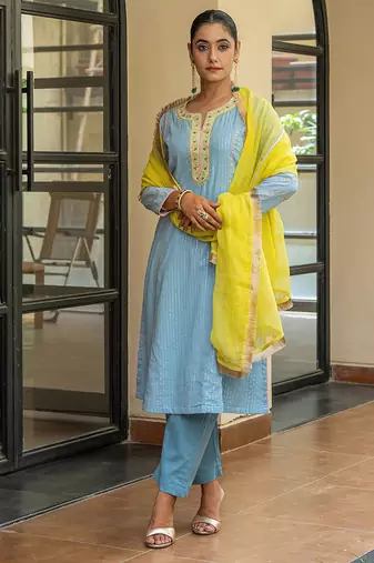 Dusty blue a line embroidered kurta with pant and dupatta