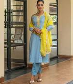 Dusty blue a line embroidered kurta with pant and dupatta