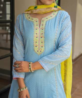 Dusty blue a line embroidered kurta with pant and dupatta 2