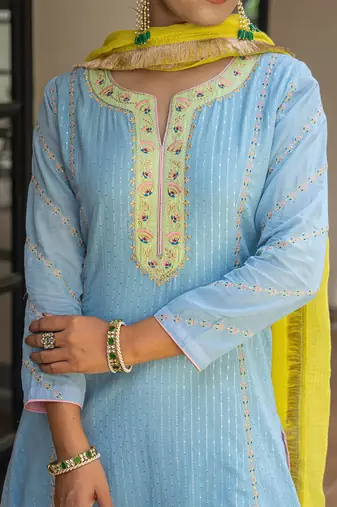 Dusty blue a line embroidered kurta with pant and dupatta