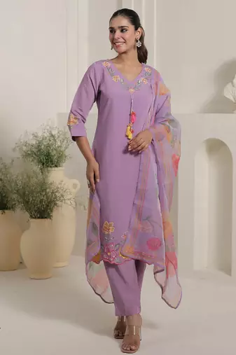 Lavender embroidered silk blend kurta trouser dupatta set