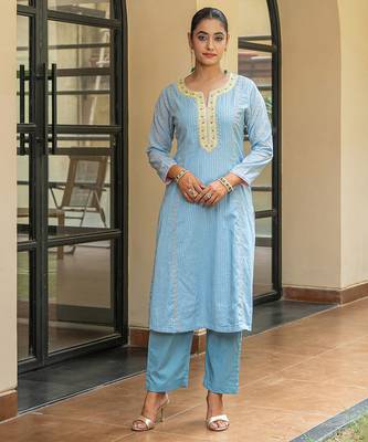 Dusty blue a line embroidered kurta with pant and dupatta 3