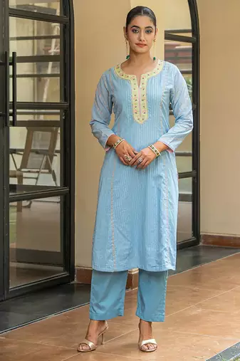 Dusty blue a line embroidered kurta with pant and dupatta