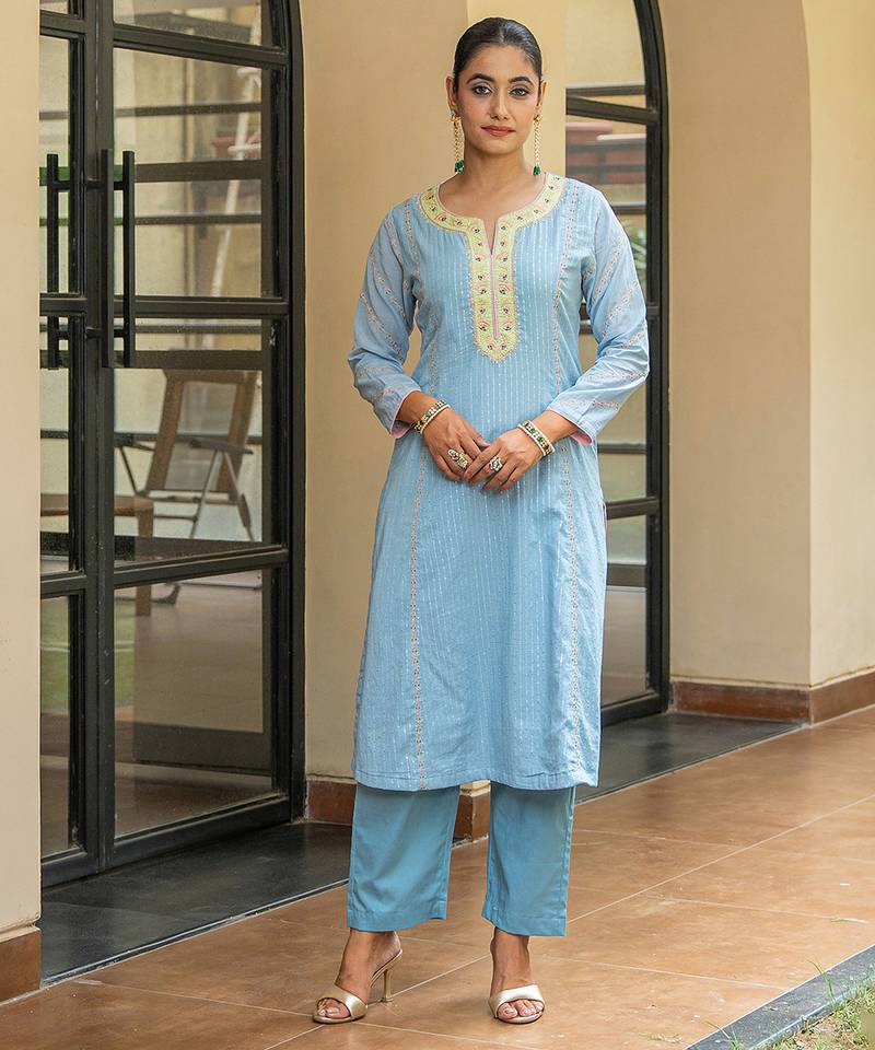 Dusty blue a line embroidered kurta with pant and dupatta