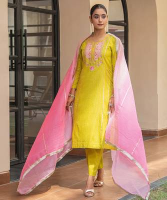 Olive a line embroidered kurta with pant and ombre dupatta 1