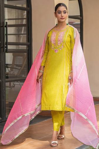 Olive a line embroidered kurta with pant and ombre dupatta