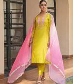 Olive a line embroidered kurta with pant and ombre dupatta