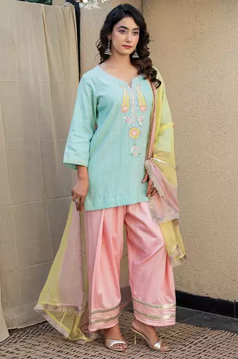 Mint green embroidered short kurta with farshi salwar and ombre dupatta