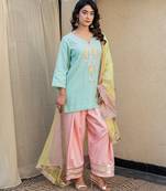 Mint green embroidered short kurta with farshi salwar and ombre dupatta