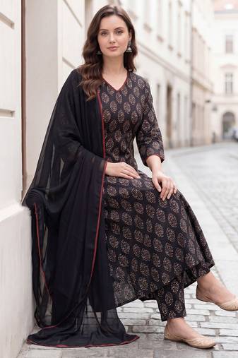 Black printed pure cotton kurta trouser dupatta set
