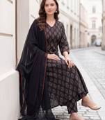 Black printed pure cotton kurta trouser dupatta set
