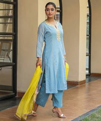 Dusty blue a line embroidered kurta with pant and dupatta 4