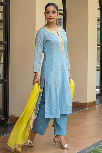 Dusty blue a line embroidered kurta with pant and dupatta