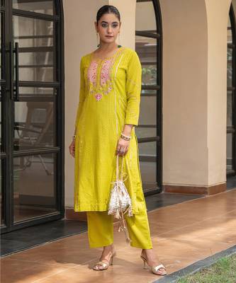 Olive a line embroidered kurta with pant and ombre dupatta 2