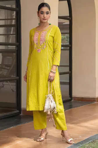 Olive a line embroidered kurta with pant and ombre dupatta