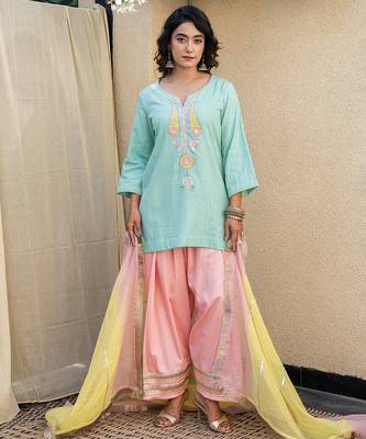 Mint green embroidered short kurta with farshi salwar and ombre dupatta 2