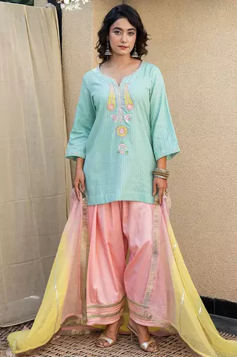 Mint green embroidered short kurta with farshi salwar and ombre dupatta