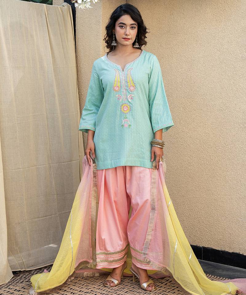 Mint green embroidered short kurta with farshi salwar and ombre dupatta