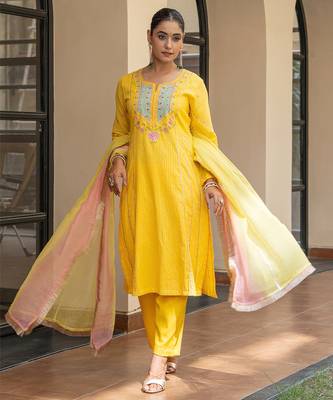 Yellow a line embroidered kurta with pant and ombre dupatta 1