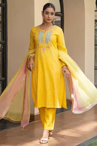 Yellow a line embroidered kurta with pant and ombre dupatta
