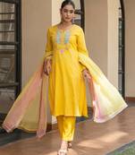 Yellow a line embroidered kurta with pant and ombre dupatta