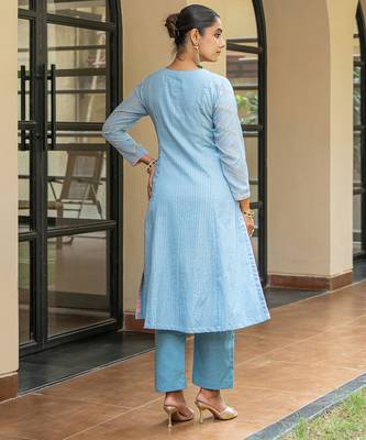 Dusty blue a line embroidered kurta with pant and dupatta 5