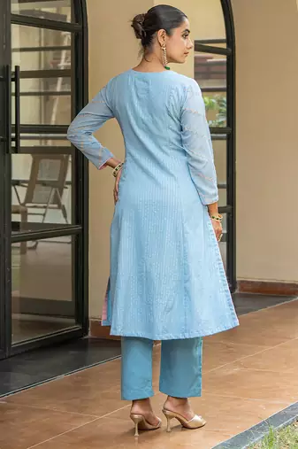 Dusty blue a line embroidered kurta with pant and dupatta