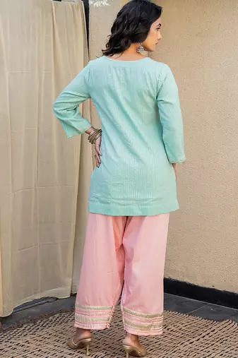 Mint green embroidered short kurta with farshi salwar and ombre dupatta