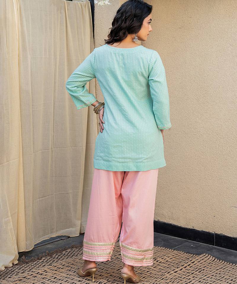 Mint green embroidered short kurta with farshi salwar and ombre dupatta