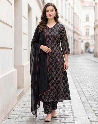 Black printed pure cotton kurta trouser dupatta set 2