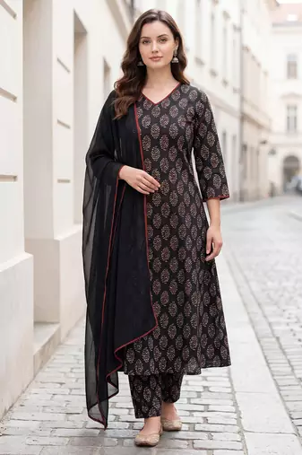Black printed pure cotton kurta trouser dupatta set