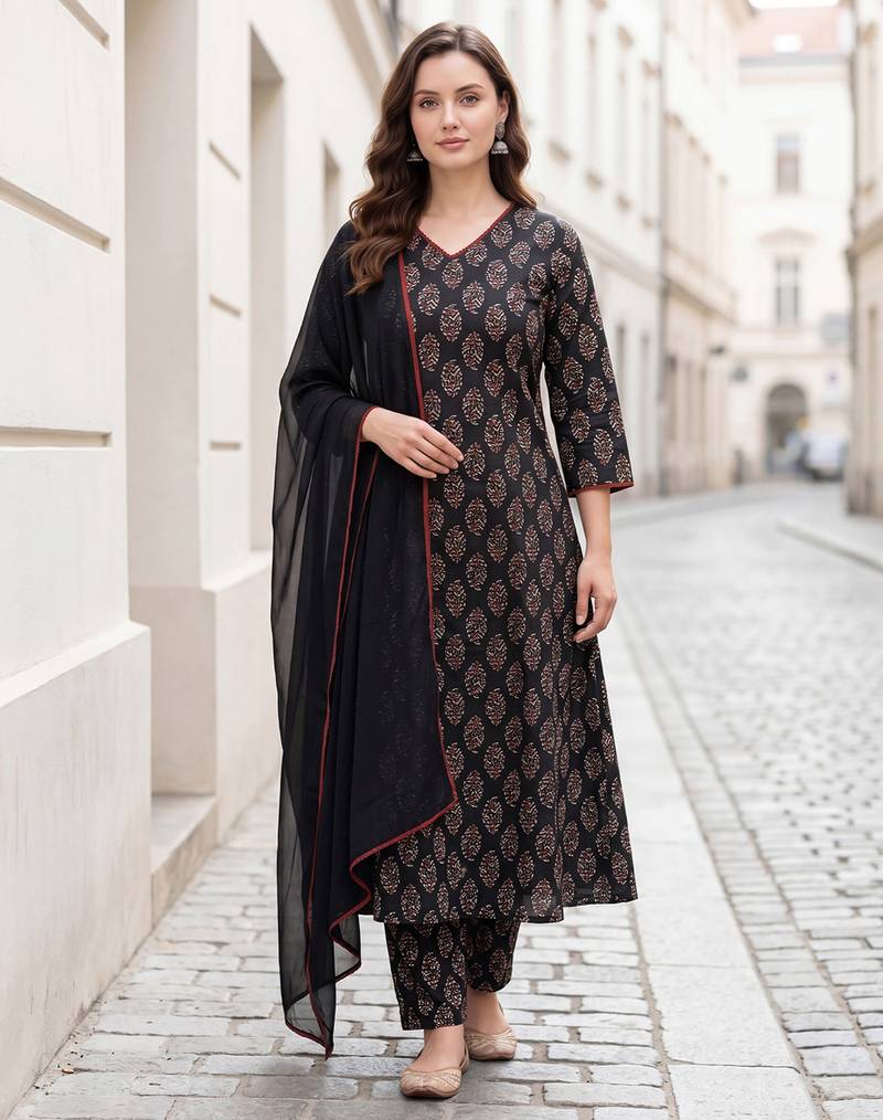 Black printed pure cotton kurta trouser dupatta set