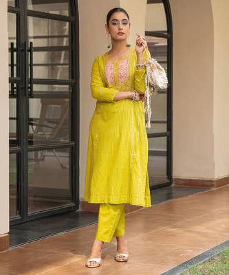 Olive a line embroidered kurta with pant and ombre dupatta 3