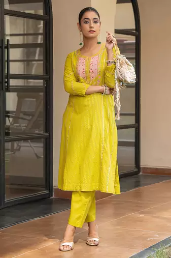 Olive a line embroidered kurta with pant and ombre dupatta