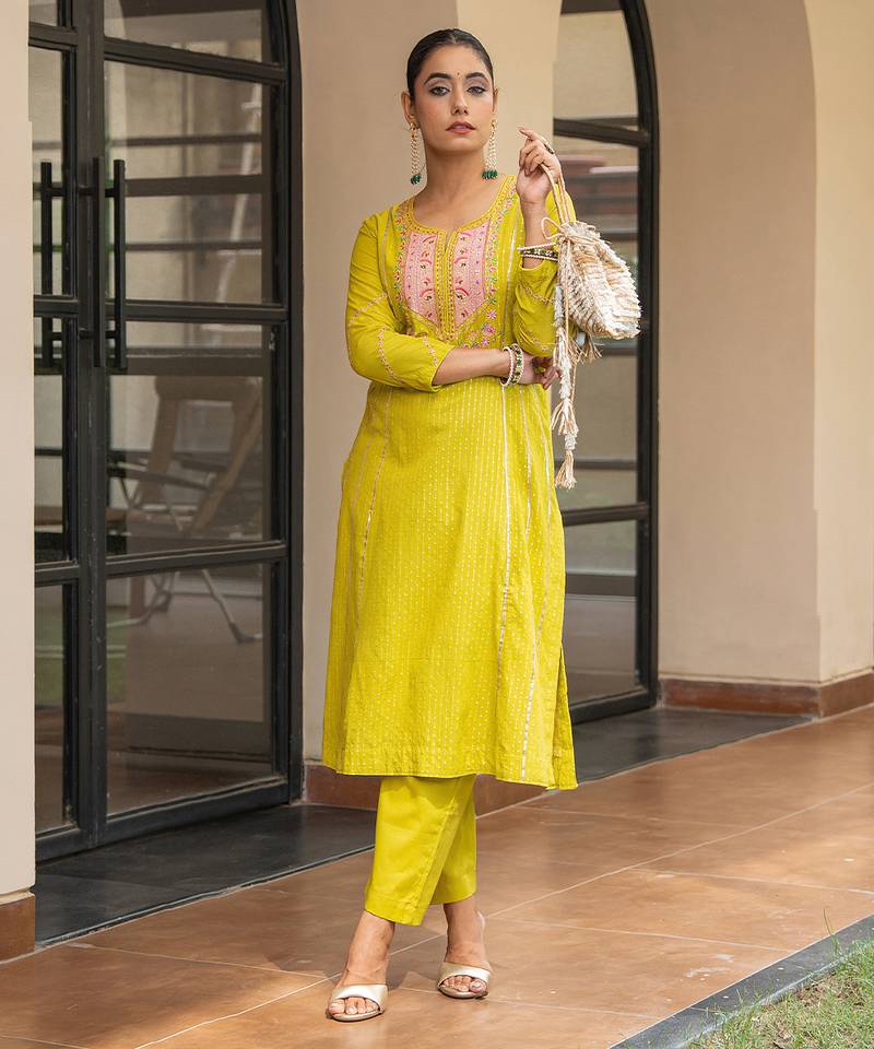 Olive a line embroidered kurta with pant and ombre dupatta