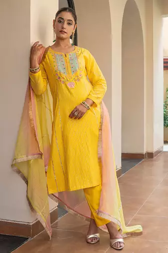 Yellow a line embroidered kurta with pant and ombre dupatta