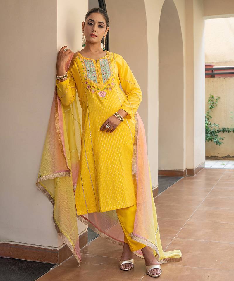 Yellow a line embroidered kurta with pant and ombre dupatta