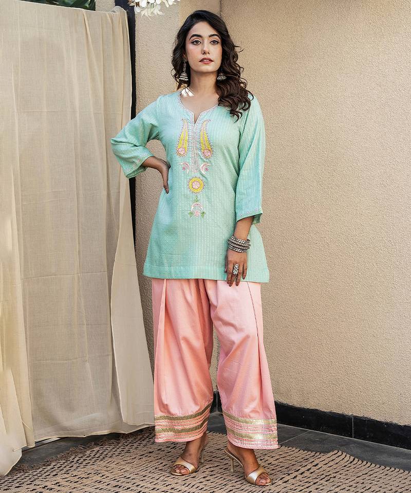 Mint green embroidered short kurta with farshi salwar and ombre dupatta