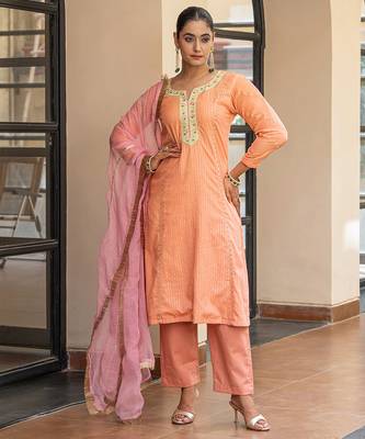 Peach a line embroidered kurta with pant and dupatta 1