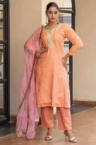 Peach a line embroidered kurta with pant and dupatta