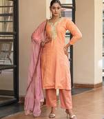 Peach a line embroidered kurta with pant and dupatta