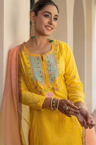 Yellow a line embroidered kurta with pant and ombre dupatta