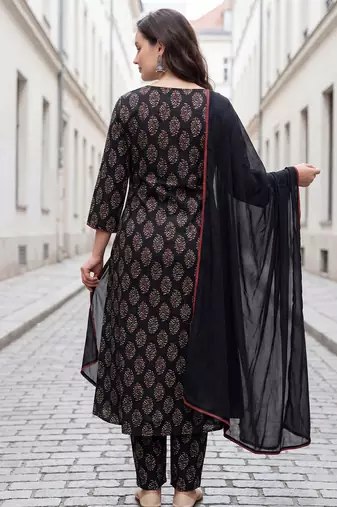 Black printed pure cotton kurta trouser dupatta set
