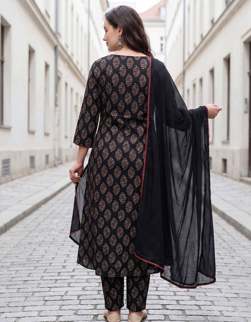 Black printed pure cotton kurta trouser dupatta set